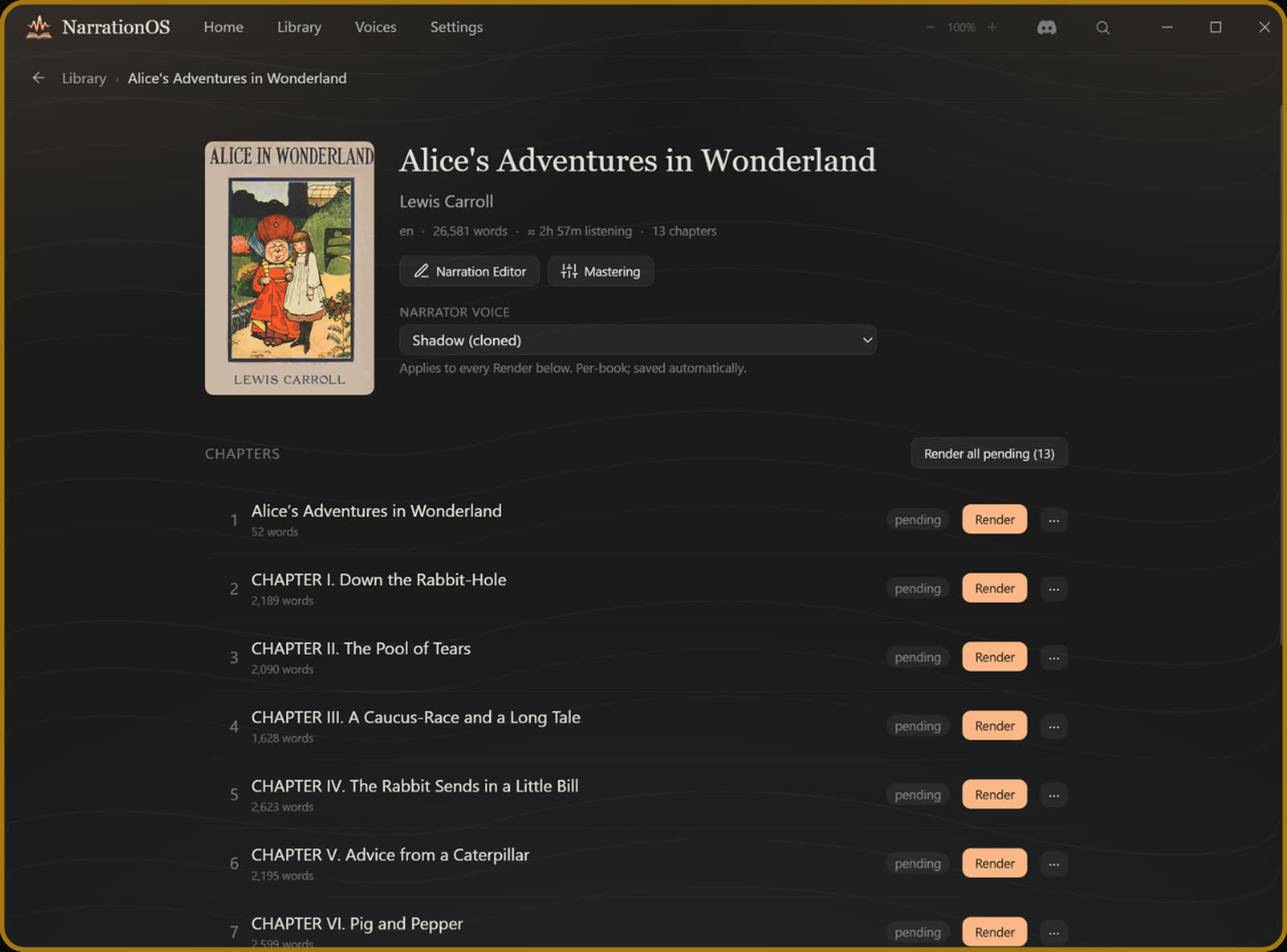 A book detail page showing cover, length, chapters, a narrator voice picker, and per-chapter render controls.
