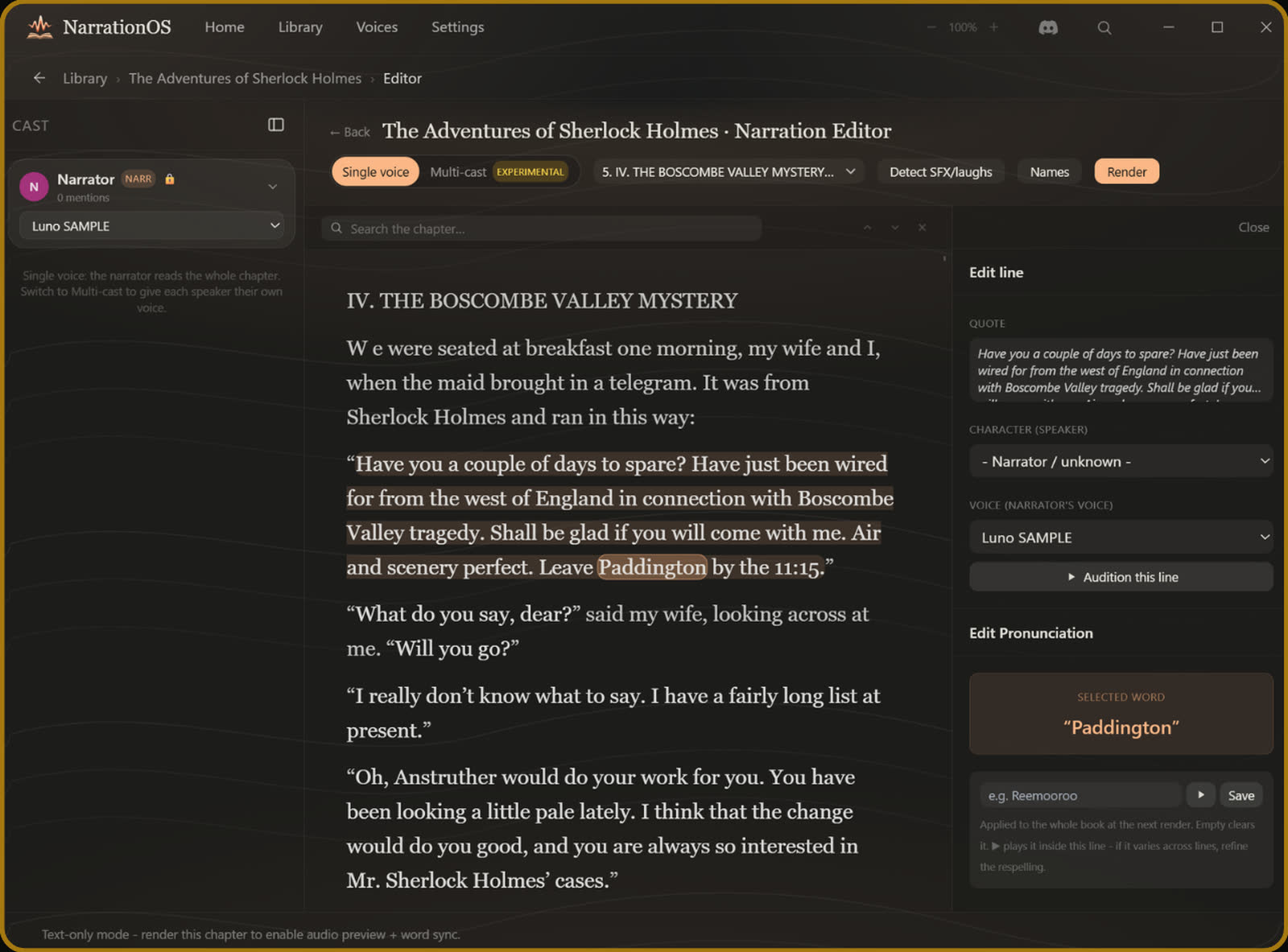 The Narration Editor with the reader on the left and an Edit line panel showing speaker, voice, an audition button, and a pronunciation respelling for a selected word.