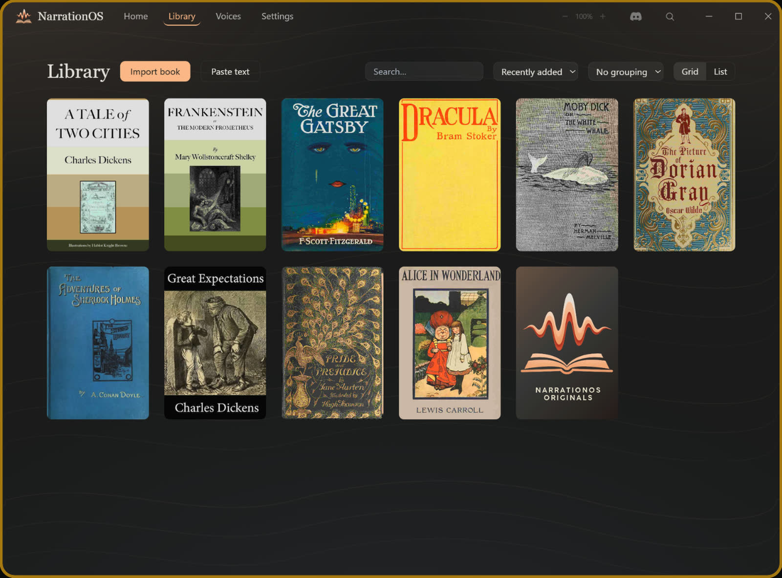 The NarrationOS library, a grid of book covers with search, grouping, and grid or list views.