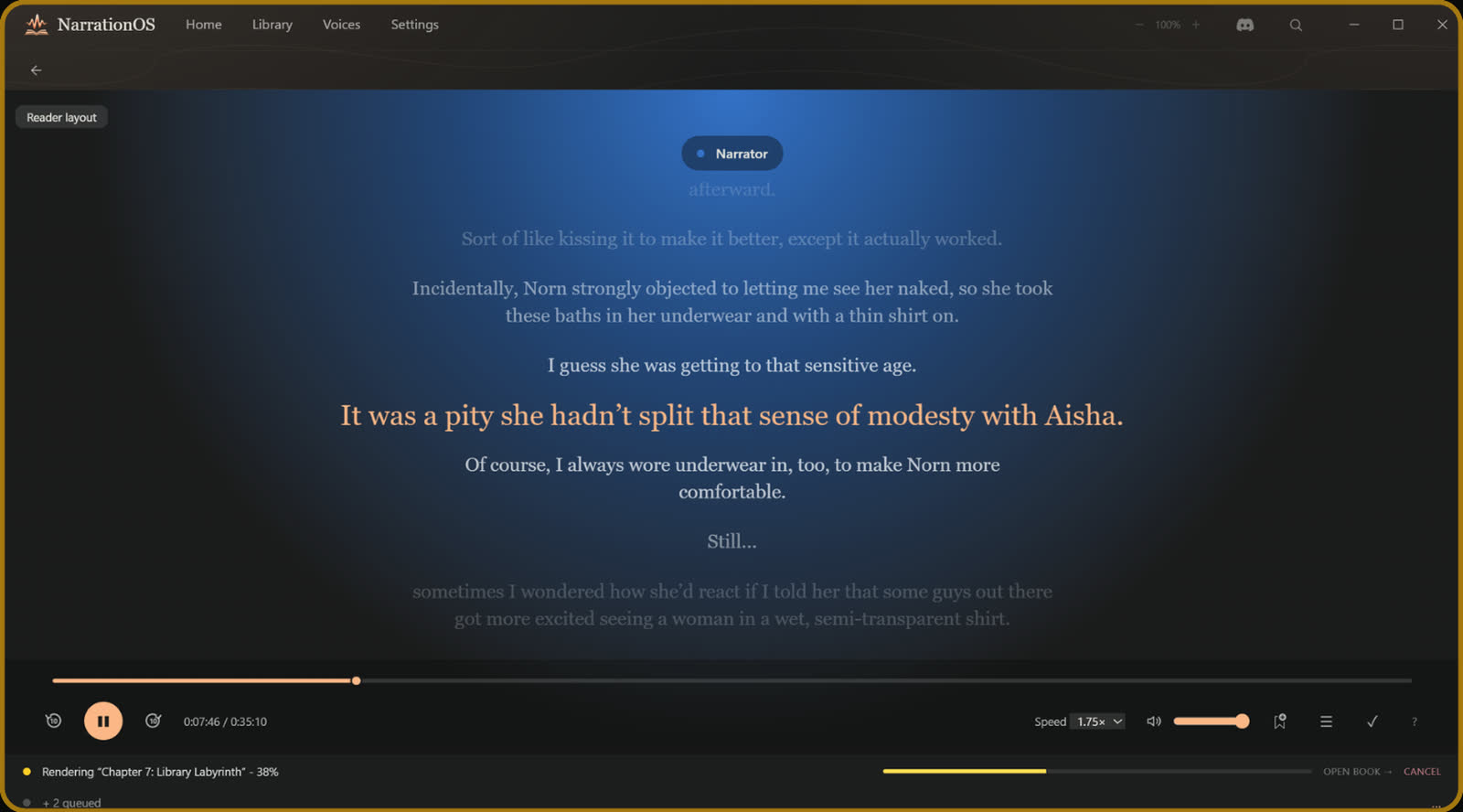 The cinematic reader while playing, with the current line highlighted, a speaker pill, playback speed control, and a render-progress bar.