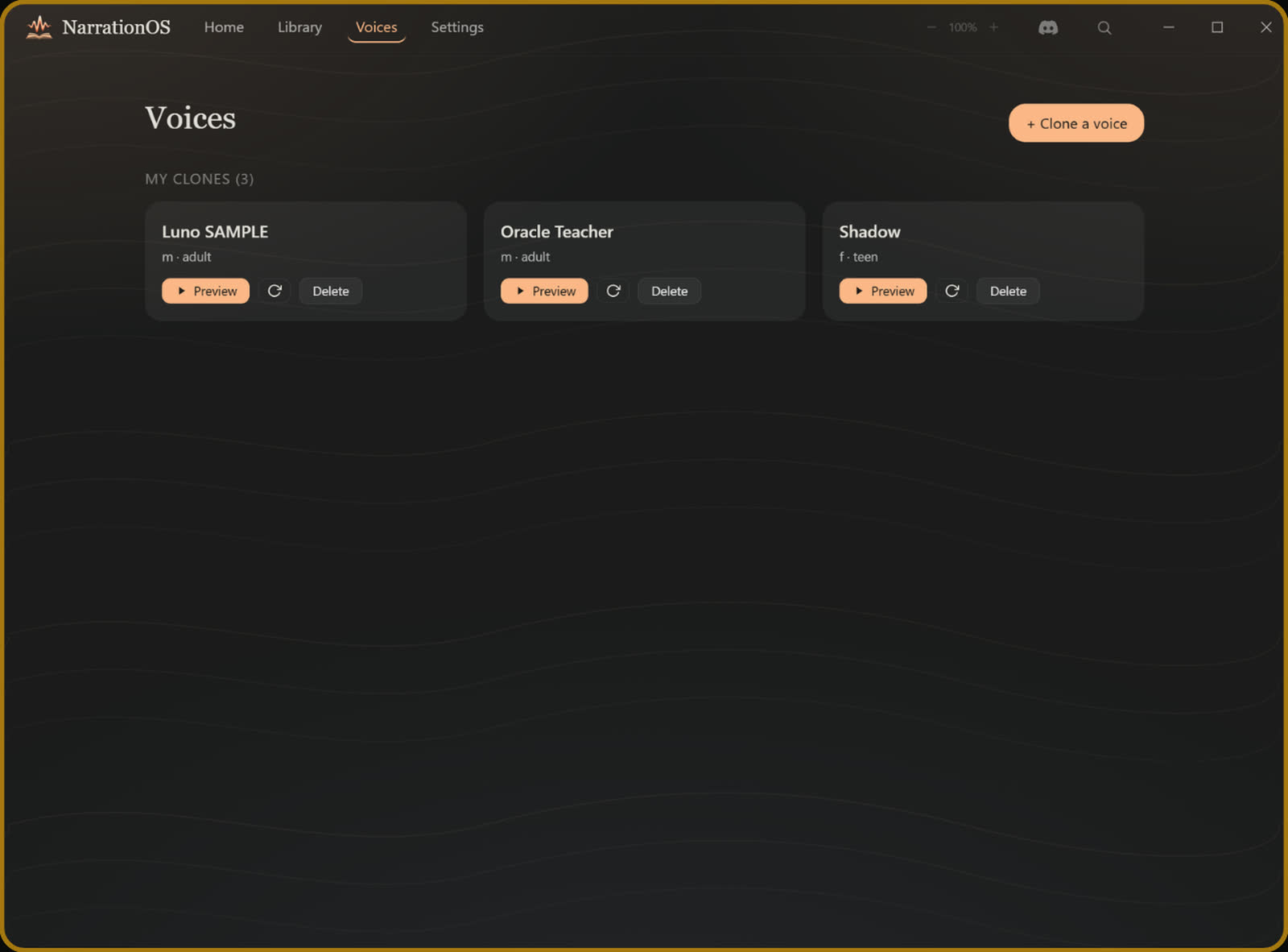 The Voices page listing cloned voices with preview and delete controls and a Clone a voice button.